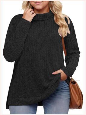 Plus Size Turtleneck Tunic Sweater Side Split Pullover